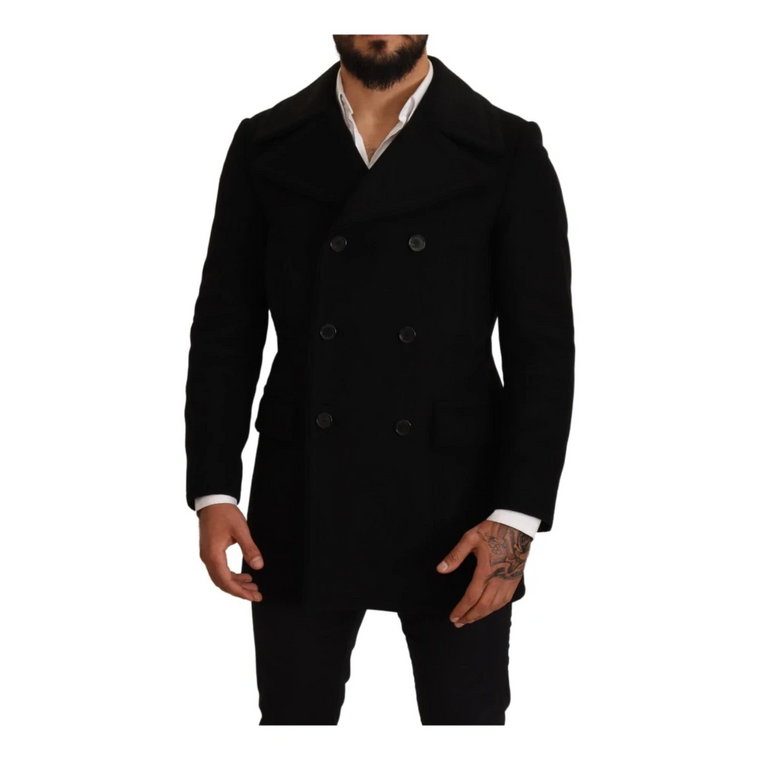 Black Wool Mens Trench Peacoat Jacket Dolce & Gabbana