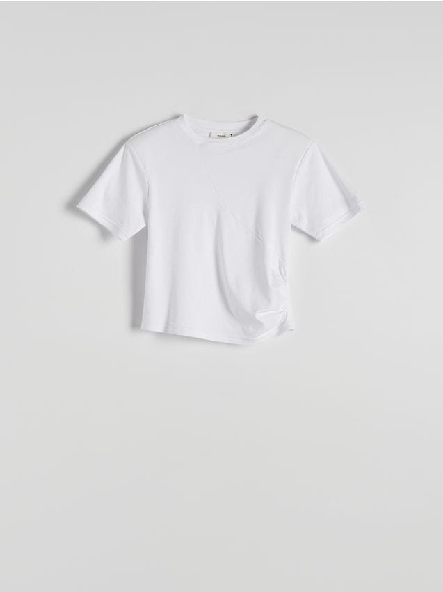 Reserved - Bawełniany t-shirt z marszczeniem - biały