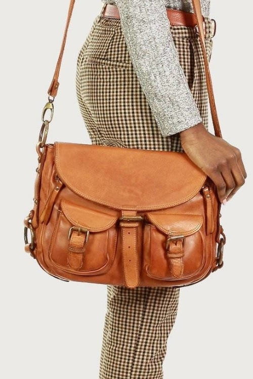 SERENELLA - Skórzana Włoska torebka listonoszka z kieszeniami  handmade bag camel