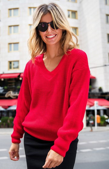 BK075 sweter z dekoltem w serek, Kolor czerwony, Rozmiar L/XL, BE