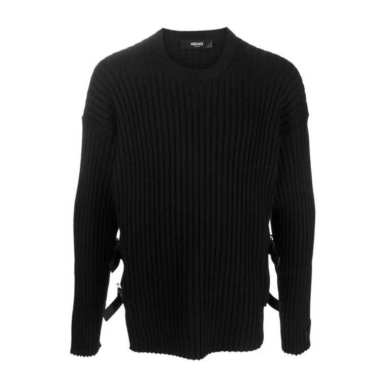 Czarny wełniany sweter z klamrami ze skóry Versace