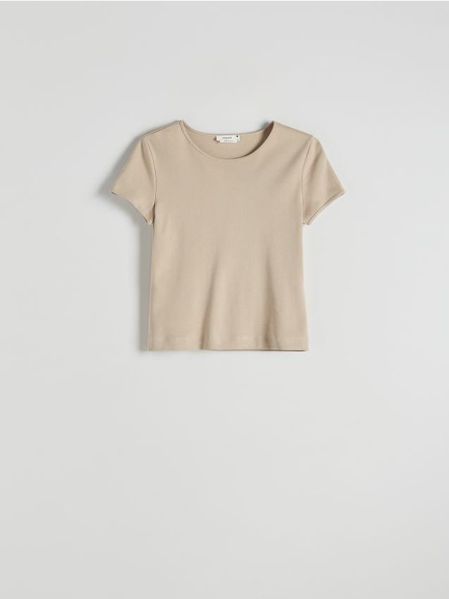 Reserved - T-shirt z merceryzowanej bawełny - beżowy