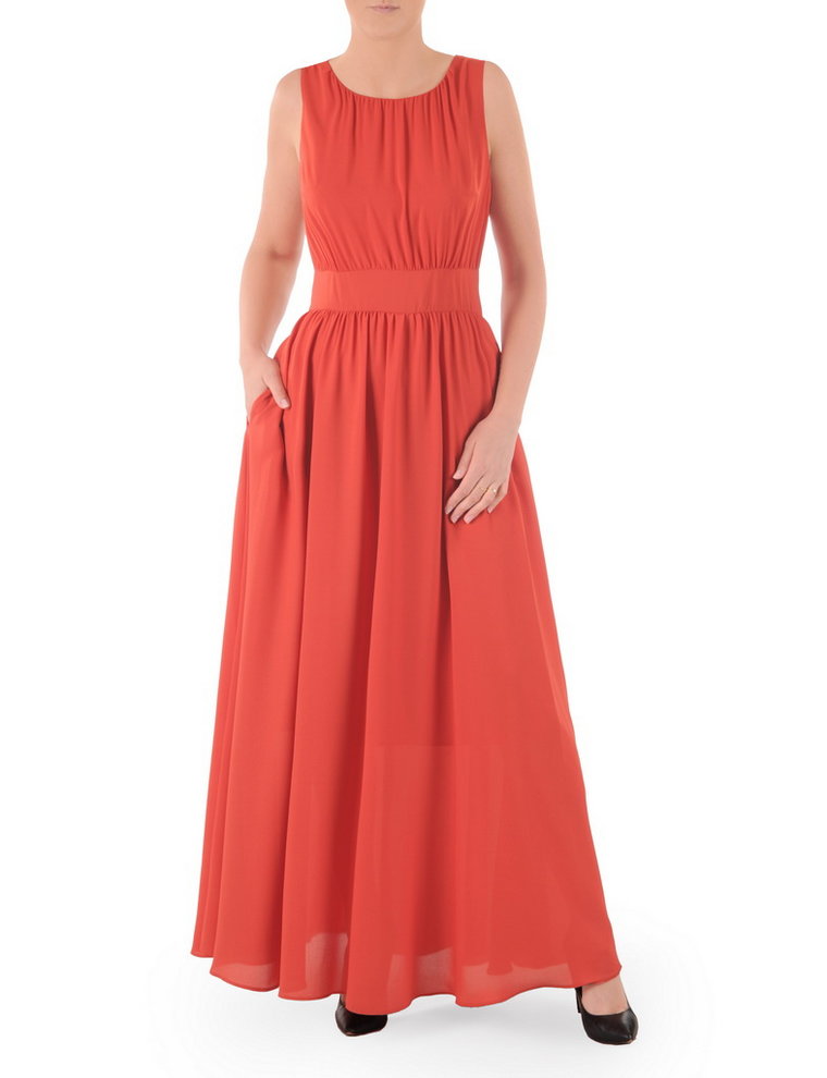 Długa suknia na wesele, rozkloszowana, czerwona kreacja z szyfonu 38358