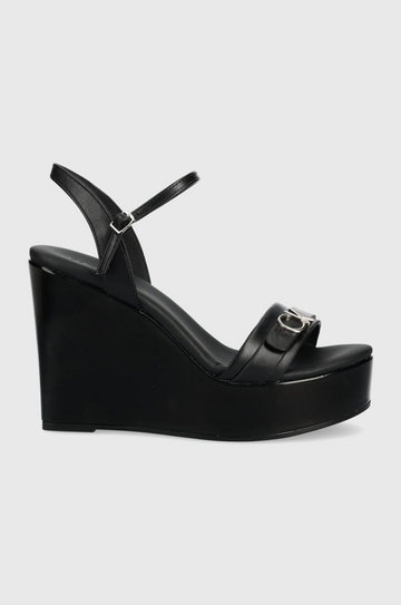 Calvin Klein sandały skórzane damskie kolor czarny na koturnie