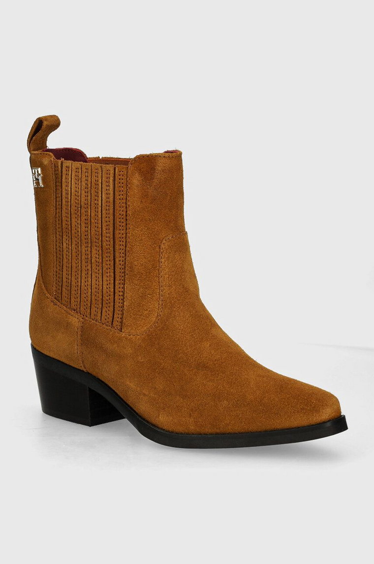 Tommy Hilfiger sztyblety zamszowe TH SUEDE COWBOY BOOT damskie kolor brązowy na słupku FW0FW08034