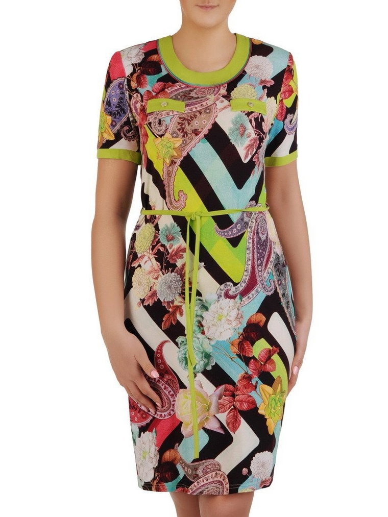 Wiosenna sukienka z abstrakcyjnym nadrukiem, kolorowa kreacja o prostym kroju 19811