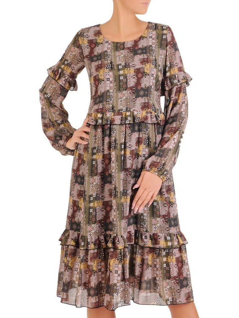 Rozkloszowana sukienka z falbankami, kreacja jesienna 27362