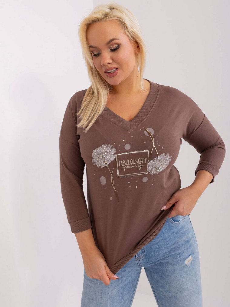 Bluzka plus size brązowy casual codzienna dekolt w kształcie V rękaw 3/4 dżety cyrkonie