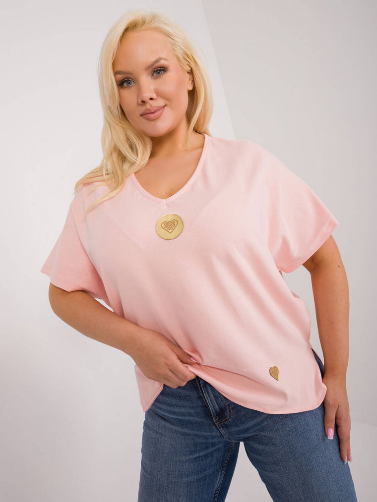 Bluzka plus size brzoskwiniowy casual codzienna dekolt w kształcie V rękaw krótki naszywki