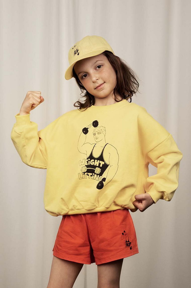 Mini Rodini bluza bawełniana dziecięca  Weight lifting kolor żółty z nadrukiem