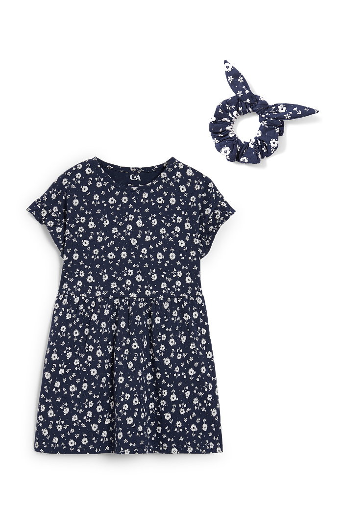 C&A Komplet-sukienka i gumka do włosów-2 części-w kwiatki, Niebieski, Rozmiar: 98