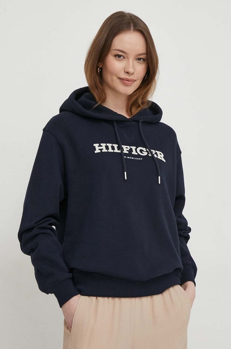 Tommy Hilfiger bluza bawełniana damska kolor granatowy z kapturem z aplikacją WW0WW41236