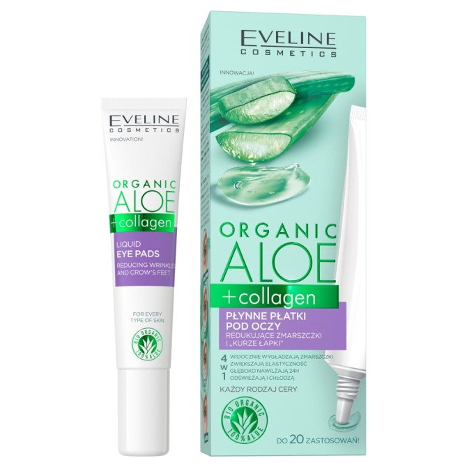 Eveline Cosmetics Organic Aloe + Collagen płynne płatki pod oczy redukujące zmarszczki i kurze łapki 4w1 20ml