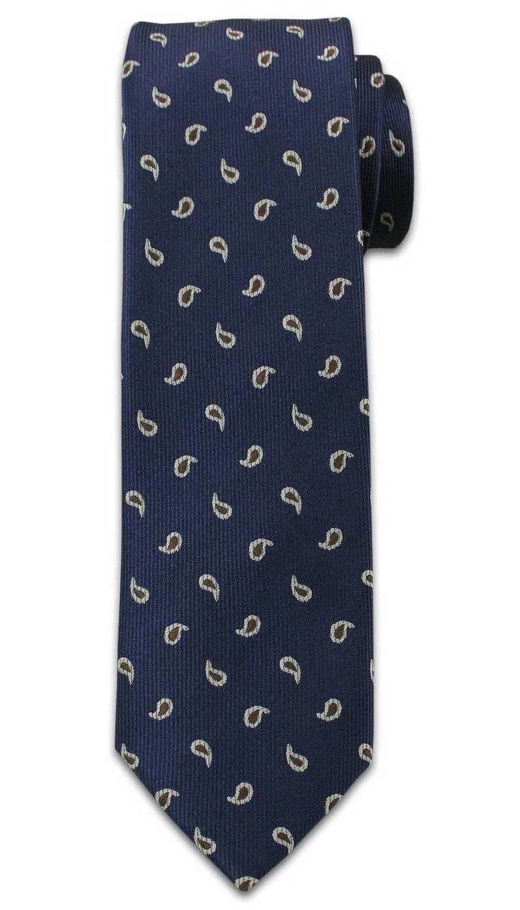 Modny Krawat Męski. Wzór Paisley, Nerka - Chattier, Granatowo-Brązowy