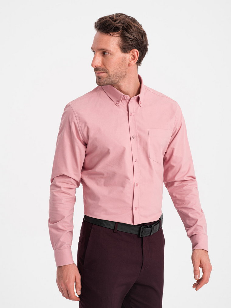 Męska koszula bawełniana REGULAR FIT z kieszenią - różowa V3 OM-SHOS-0153
