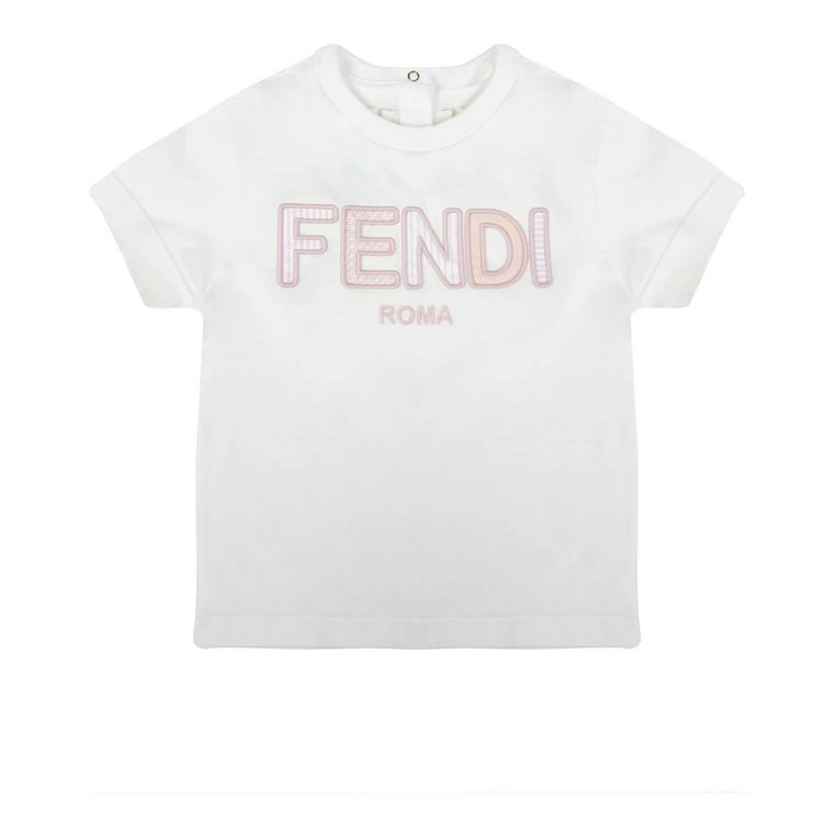 Biała bawełniana koszulka z różowym naszywką z logo Fendi