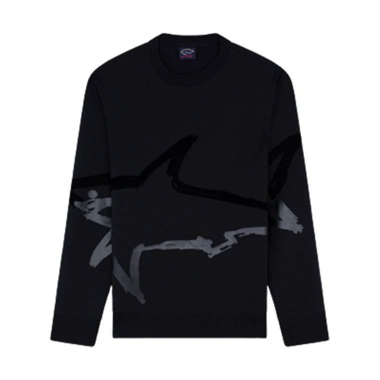 Czarny oversize'owy sweter z nadrukiem rekina o efekcie połysku i flocie Paul & Shark