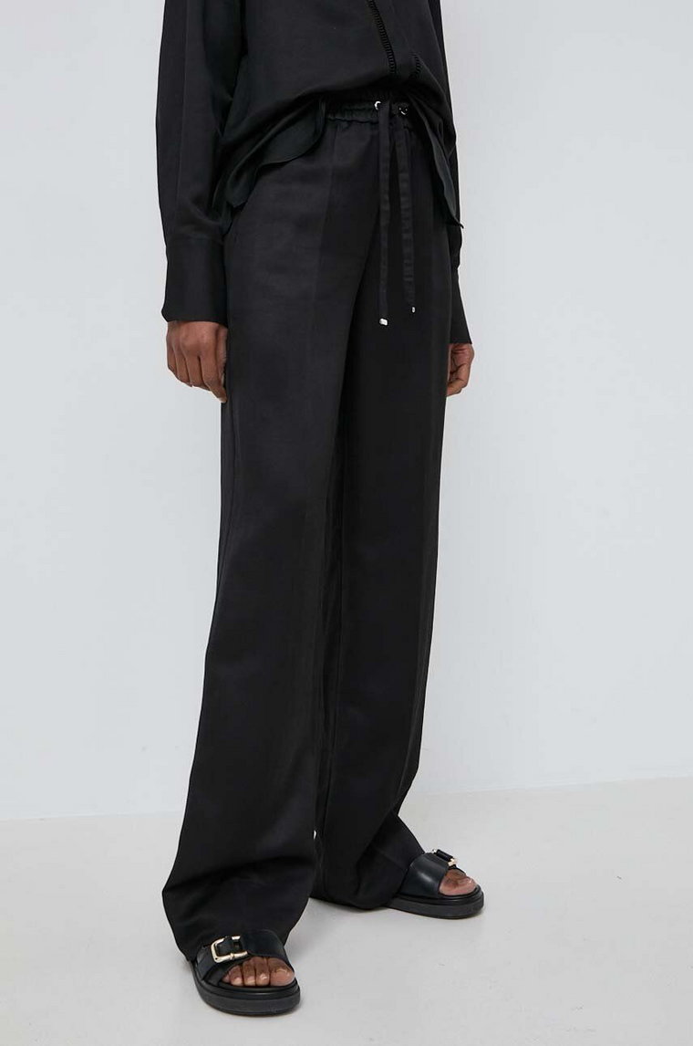 BOSS spodnie z domieszką lnu kolor czarny proste high waist