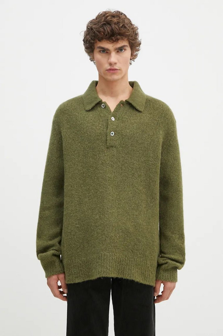 Norse Projects sweter wełniany Rasmus Relaxed Brushed Polo męski kolor zielony  N45.0614.8098