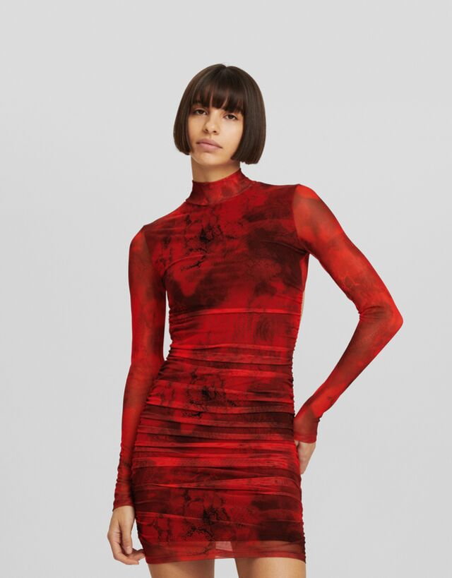 Bershka Sukienka Mini Z Długim Rękawem I Zwierzęcym Wzorem Kobieta L Czerwony
