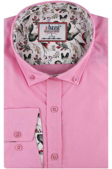 Koszula Męska Elegancka Wizytowa do garnituru gładka różowa z długim rękawem w kroju SLIM FIT Bassi C117 (XXL, 45, 182/188)
