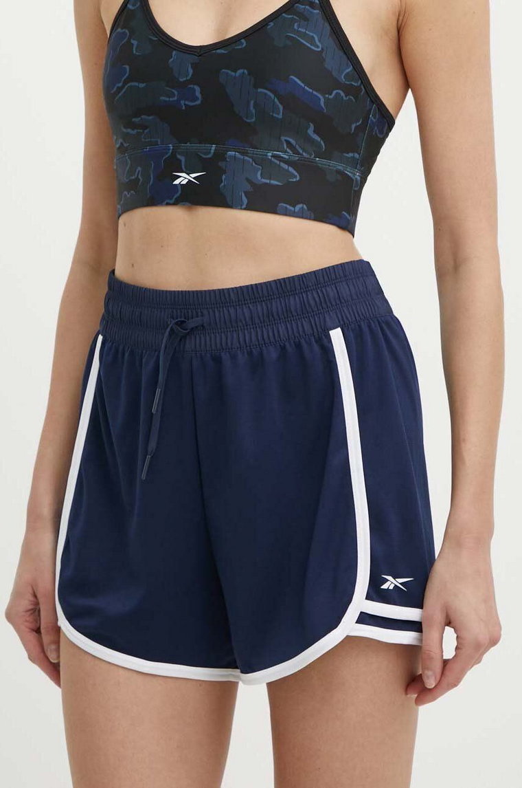 Reebok szorty treningowe Identity Training kolor granatowy z aplikacją high waist 100037712