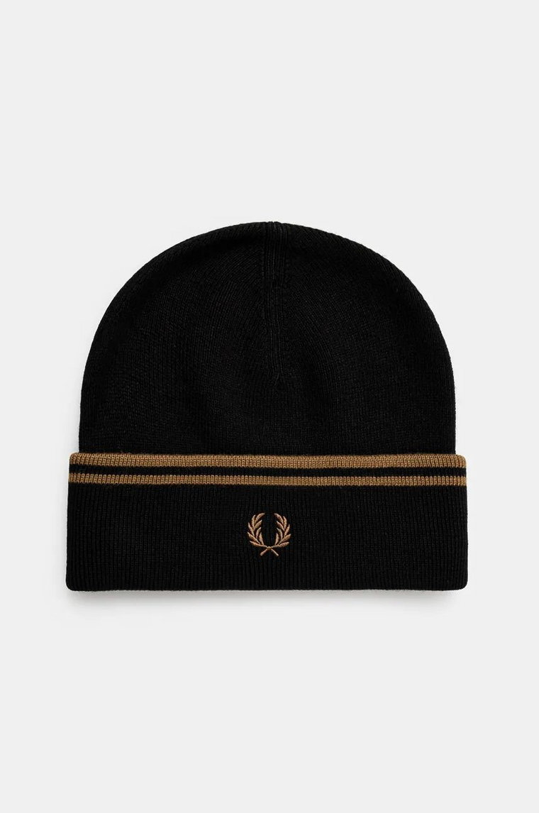 Fred Perry czapka wełniana Twin Tipped Merino Wool Beanie kolor czarny z cienkiej dzianiny wełniana C9150.S77