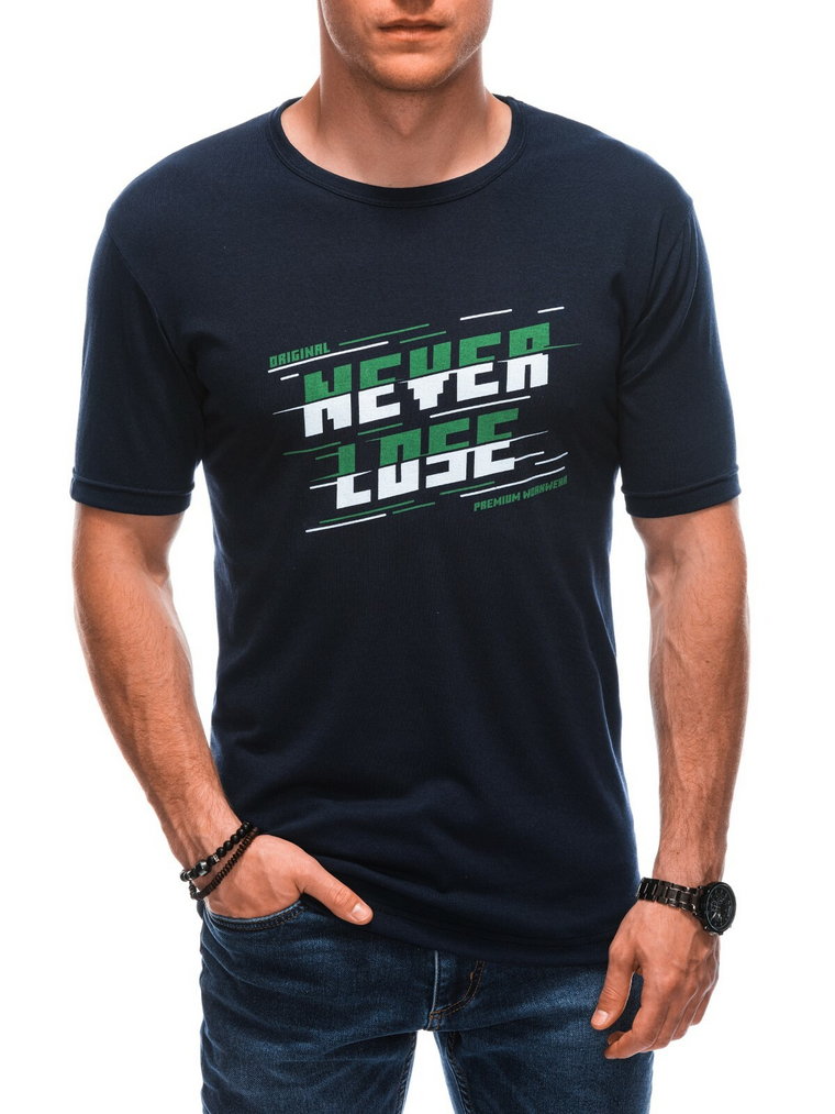 T-shirt męski z nadrukiem S1866 - granatowy