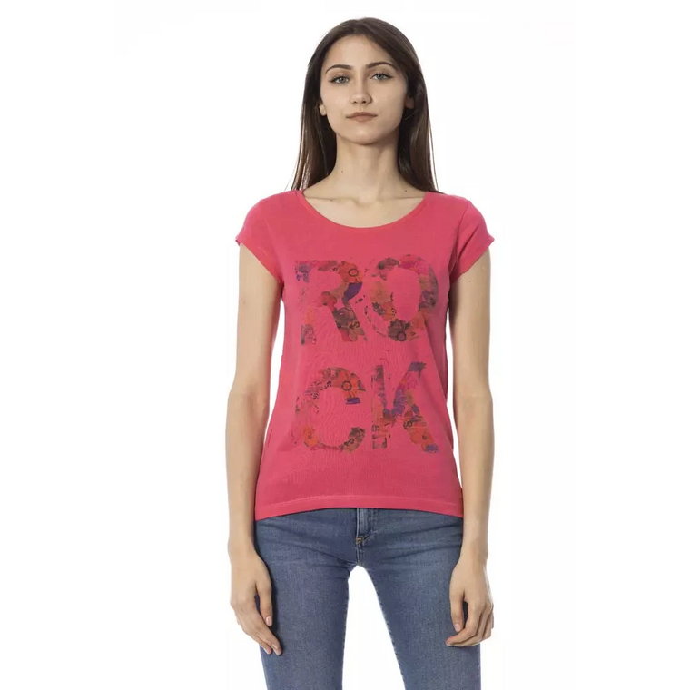 Różowa Bawełniana Koszulka z Krótkim Rękawem i Nadrukiem na Przedzie Trussardi