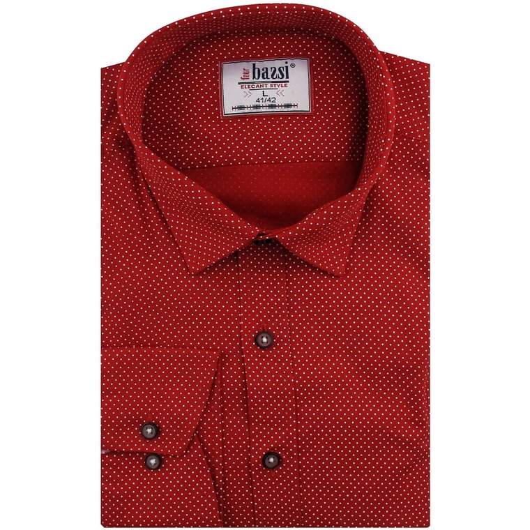 Koszula Męska Elegancka Wizytowa do garnituru czerwona w kropki z długim rękawem w kroju SLIM FIT Bassi E515