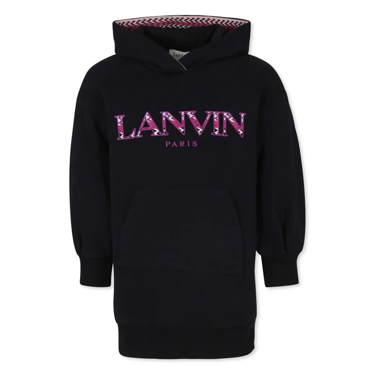 Czarna Sukienka z Kapturem Haftowany Logo Lanvin