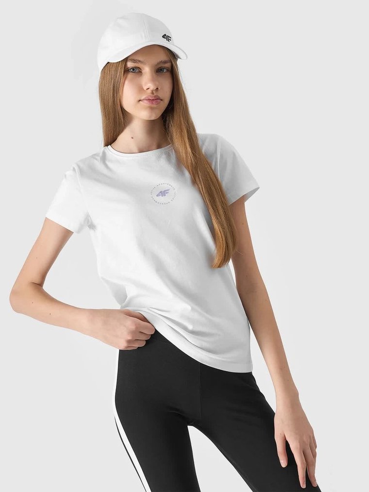 T-shirt z bawełny organicznej gładki dziewczęcy 4F 4FJWSS24TTSHF1111-10S Biały