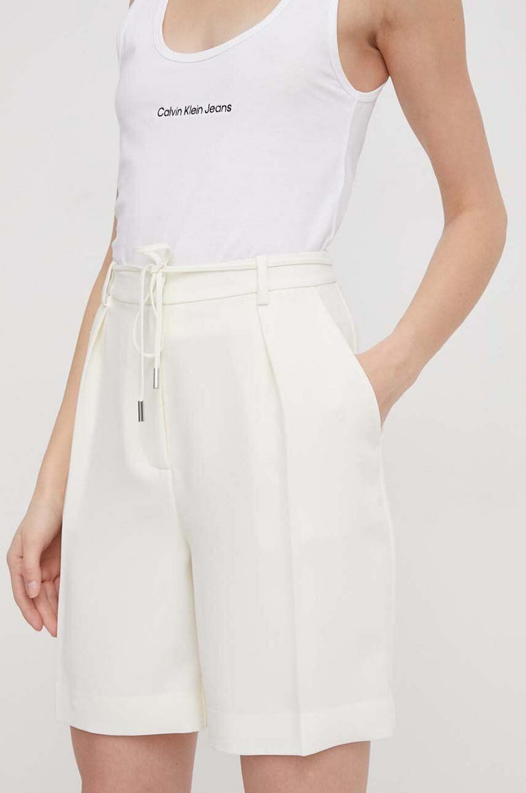 Calvin Klein szorty damskie kolor beżowy gładkie high waist