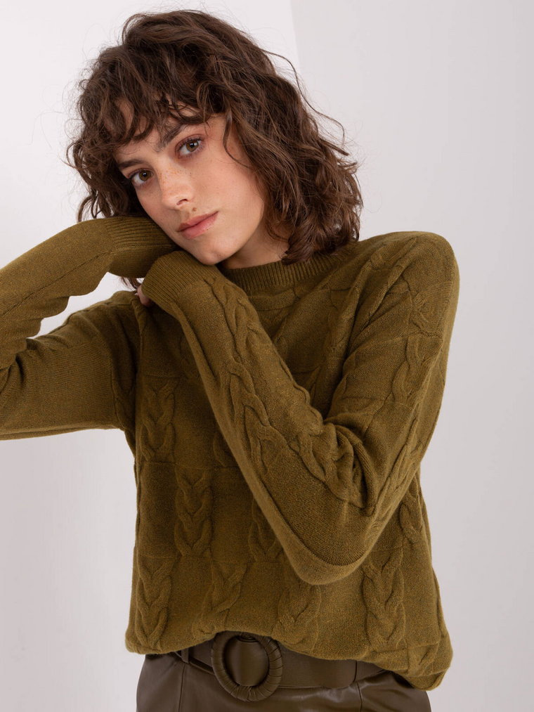 Sweter z warkoczami khaki casual dekolt okrągły rękaw długi