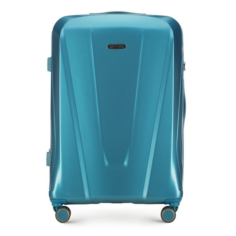 Duża walizka z polikarbonu geometryczna niebieska