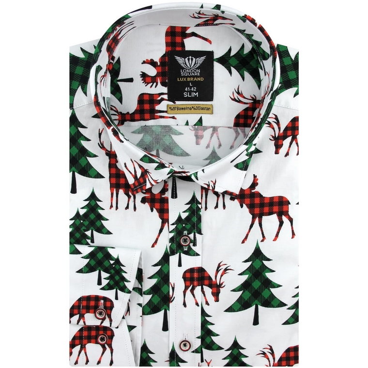 Koszula Męska na Święta Bożego Narodzenia biała z Motywem Świątecznym z długim rękawem w kroju SLIM FIT London Square E954