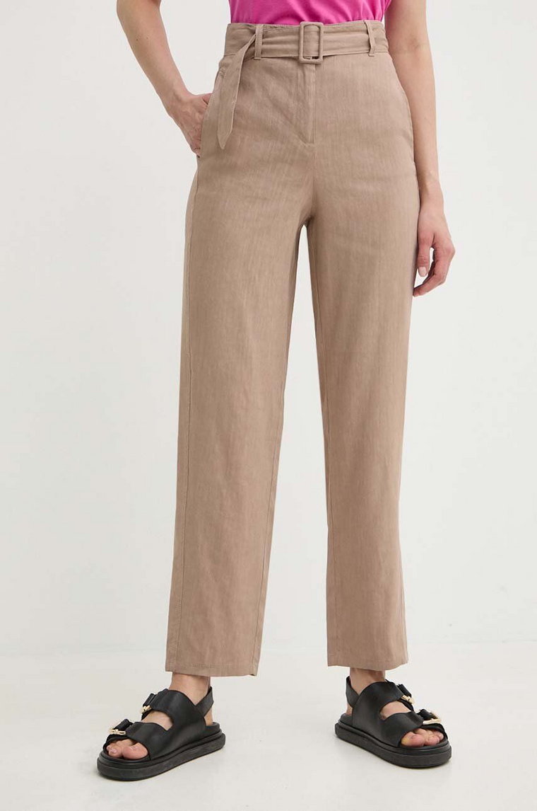 Marella spodnie lniane kolor beżowy proste high waist 2413131055200