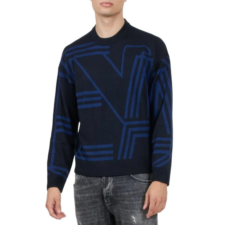 Niebieskie Swetry z Okrągłym Dekoltem i Długimi Rękawami Emporio Armani