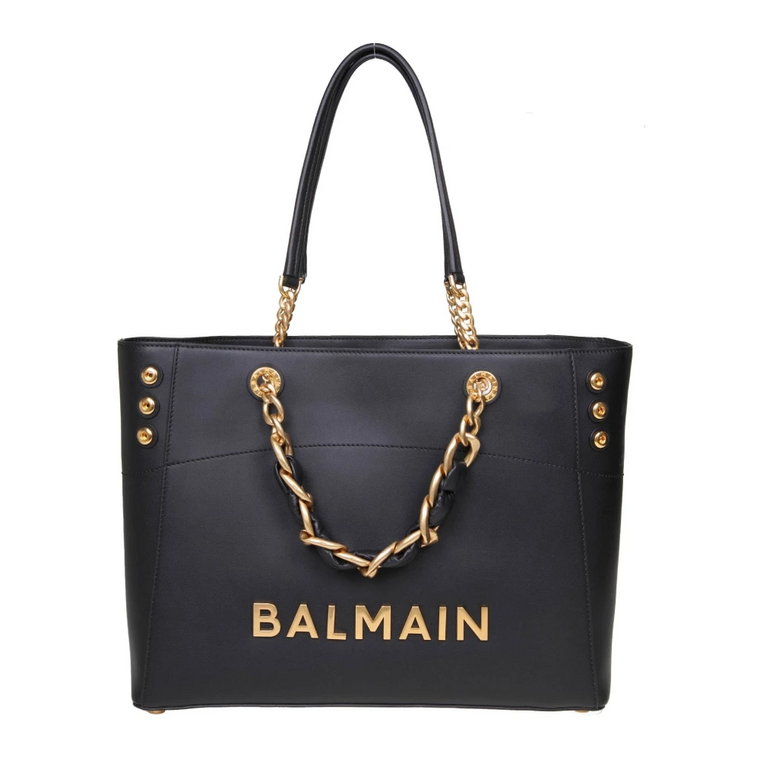 Czarna skórzana torba shopper z metalowym logo Balmain