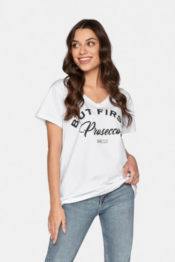 Damski t-shirt z nadrukiem PLNY LALA Prosecco V-Neck White Tee