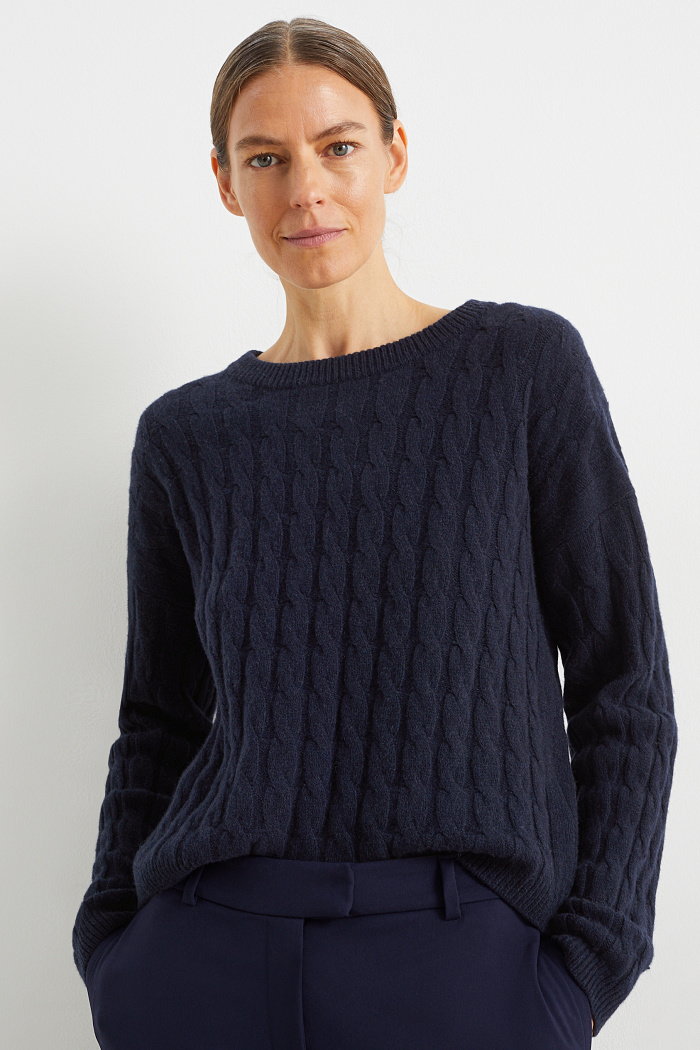 C&A Sweter z kaszmiru-wzór warkocza, Niebieski, Rozmiar: XS