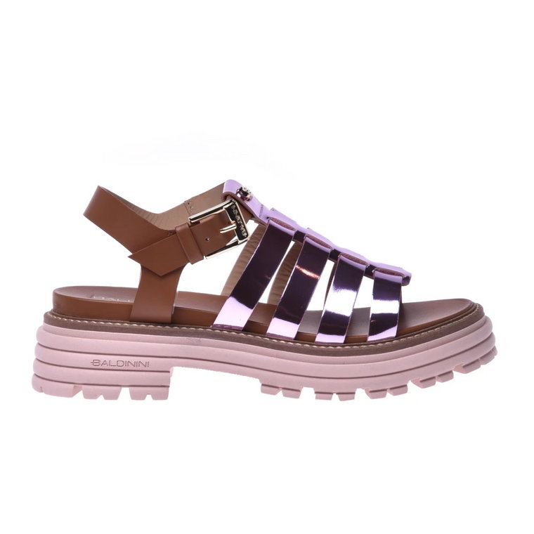 Sandals in mirror-finish pink and tan calfskin Baldinini