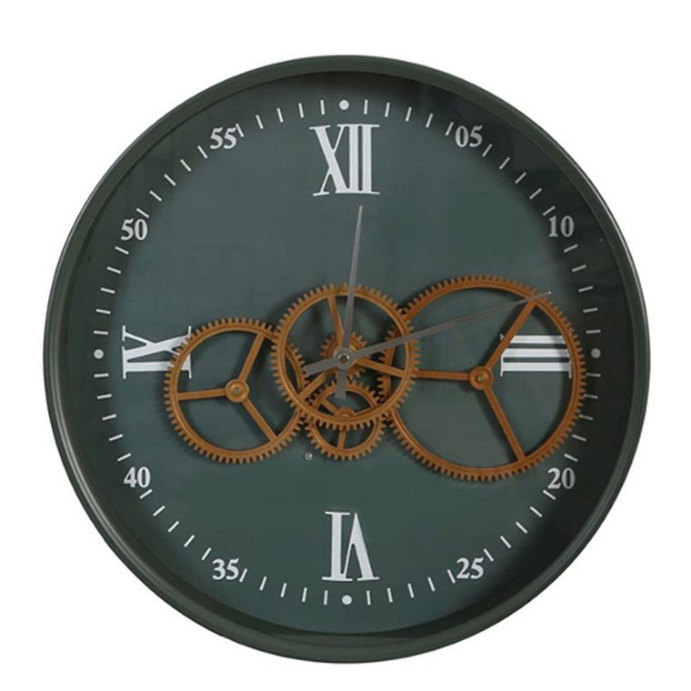 Zegar ścienny metalowy, 40 cm, z ozdobnym mechanizmem, zielony