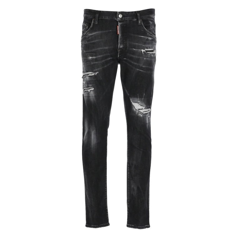 Czarne dopasowane jeansy z bawełny z unikalną etykietą z logo Dsquared2