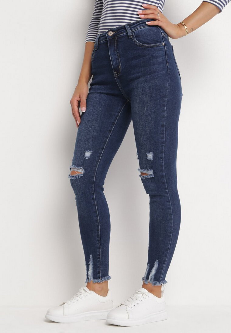 Granatowe Jeansy Skinny z Przetarciami Gwendo