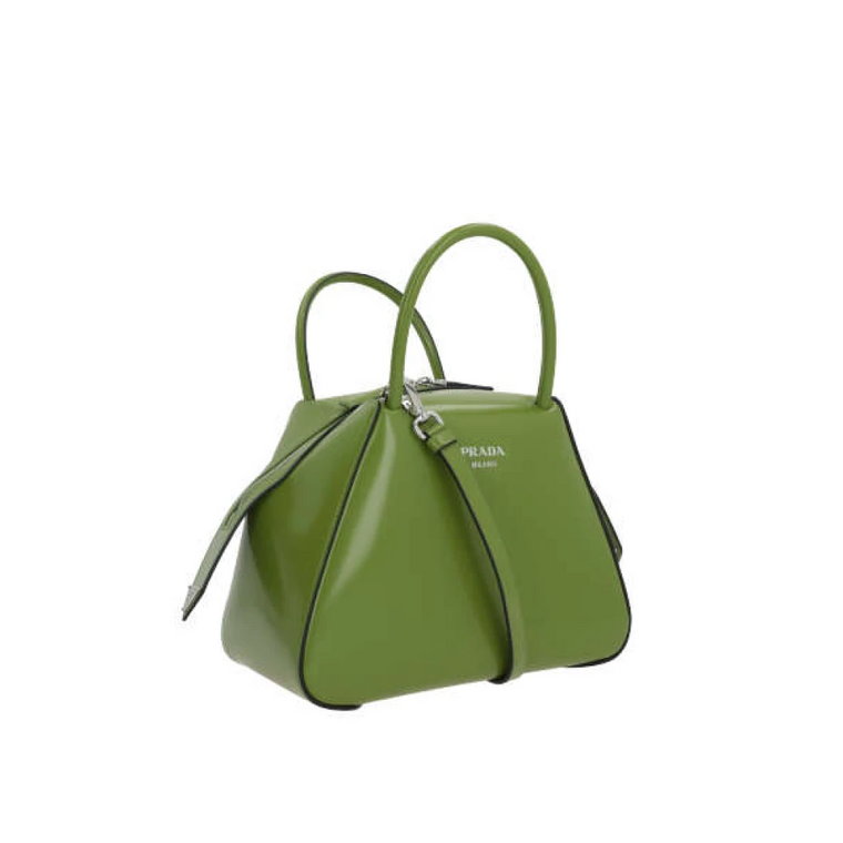 Zielona skórzana torebka z kontrastującym wykończeniem Prada