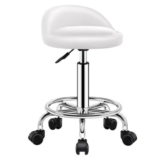 Taboret kosmetyczny fryzjerski z oparciem biały krzesło obrotowe hoker SPA mobilny