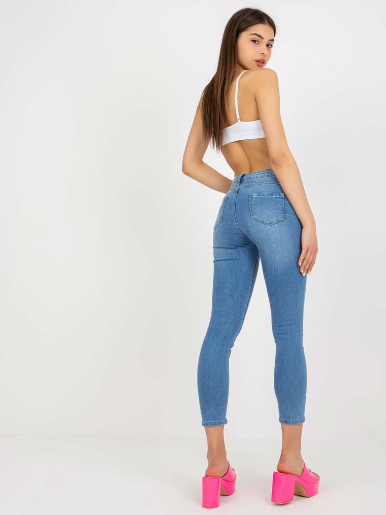 Spodnie jeans jeansowe niebieski casual rurki nogawka zwężana push-up print (nadruk) suwak guziki