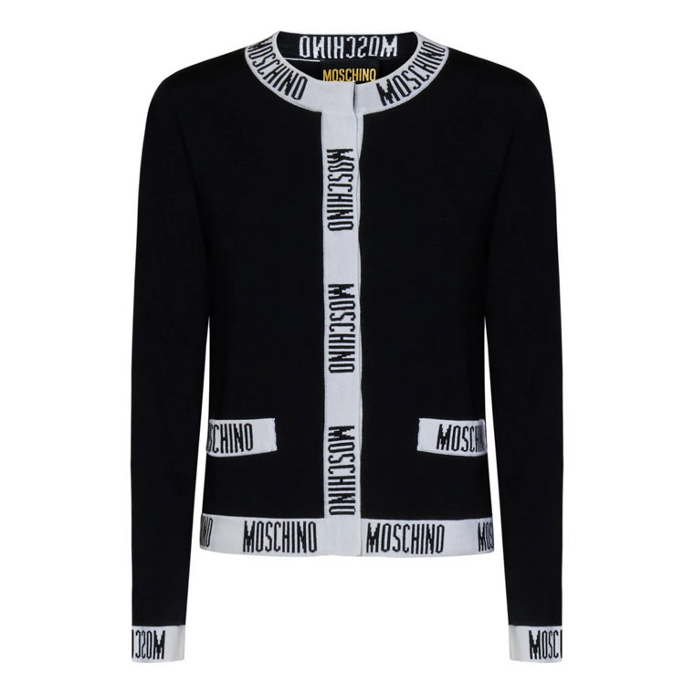 Czarny sweter z logo i ozdobnymi taśmami Moschino