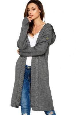 Dłuższy sweter kardigan z kapturem splot w warkocze